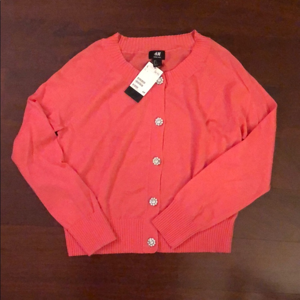 H&M coral/ pink cardigan with rhinestone buttons